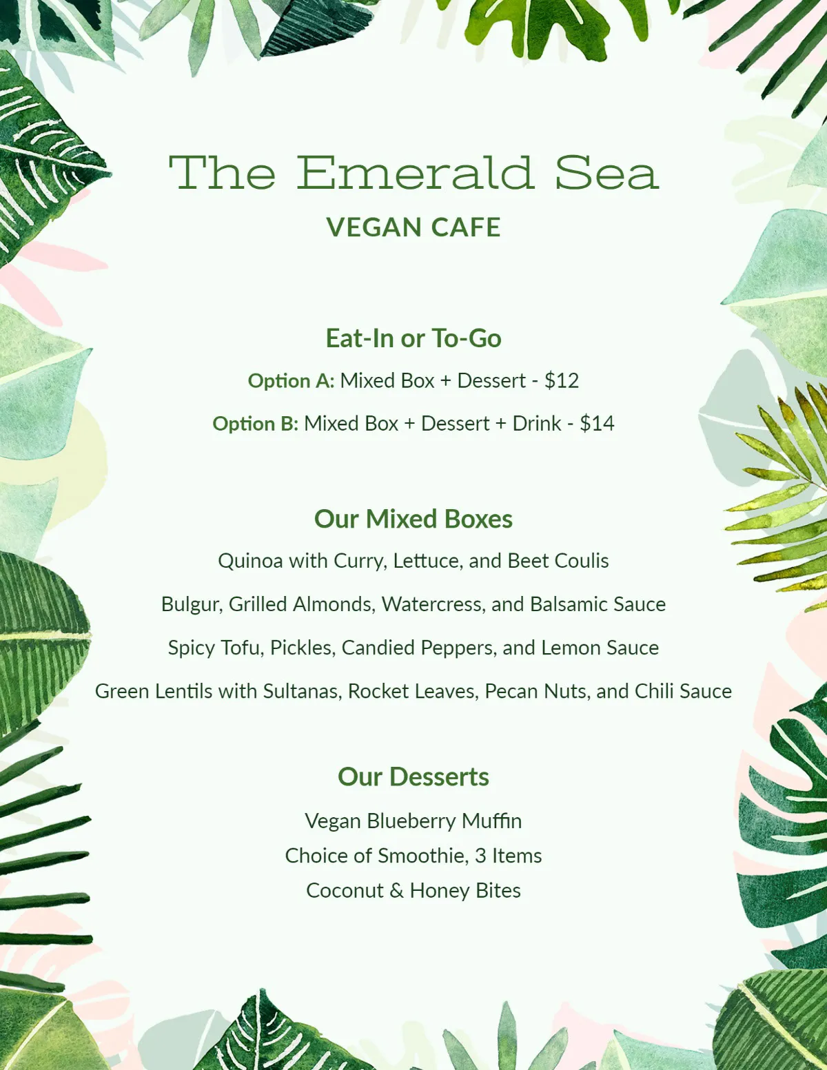 Green Foliage Emerald Sea Vegan Cafe Menu Letter