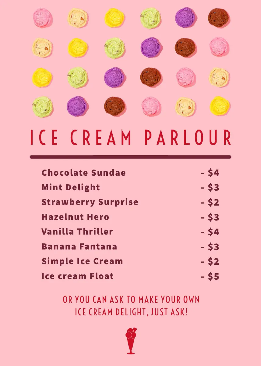 Pink Ice Cream Parlour Menu