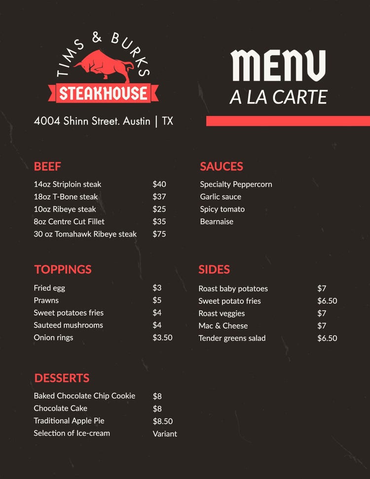 Red and Black Modern Style Steakhouse Restaurant Menu