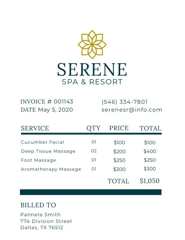 Spa and Massage Salon Invoice