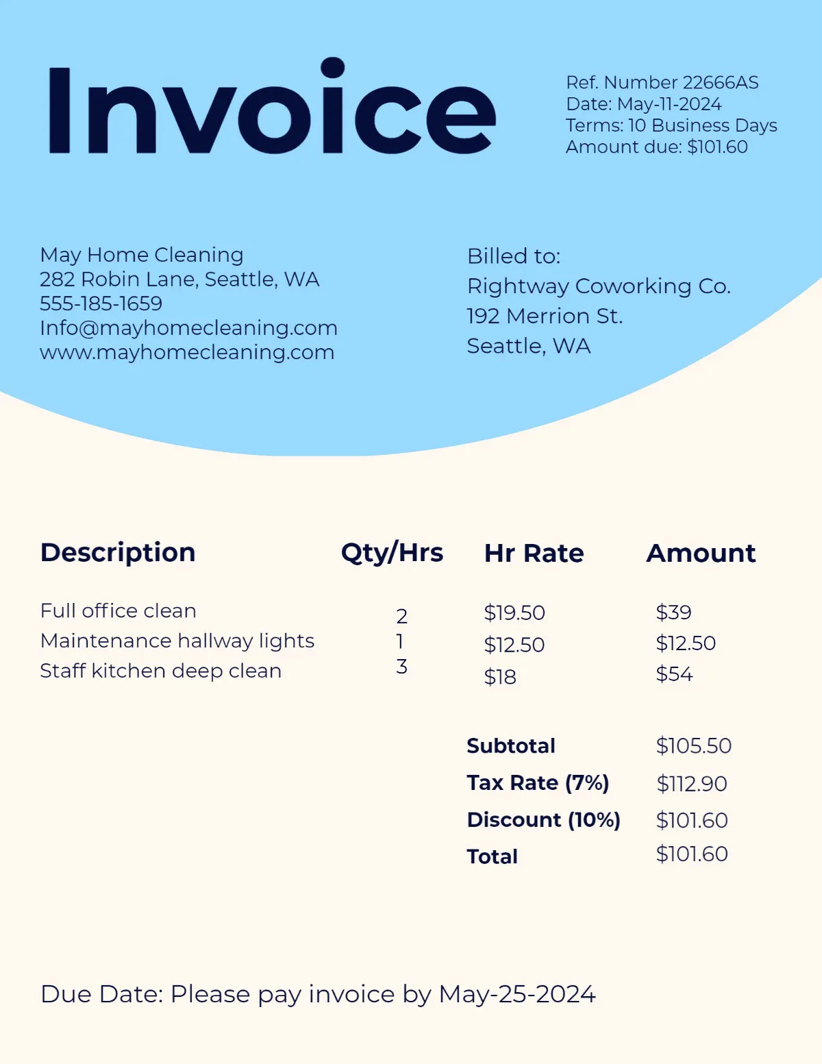 Blue Home Cleaning Invoice