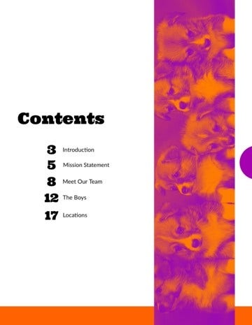 Orange and Purple Catalog Table of Contents
