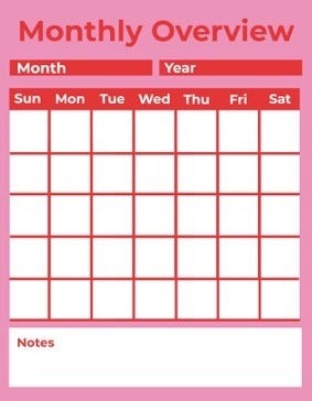 Pink & White Monthly Overview Planner