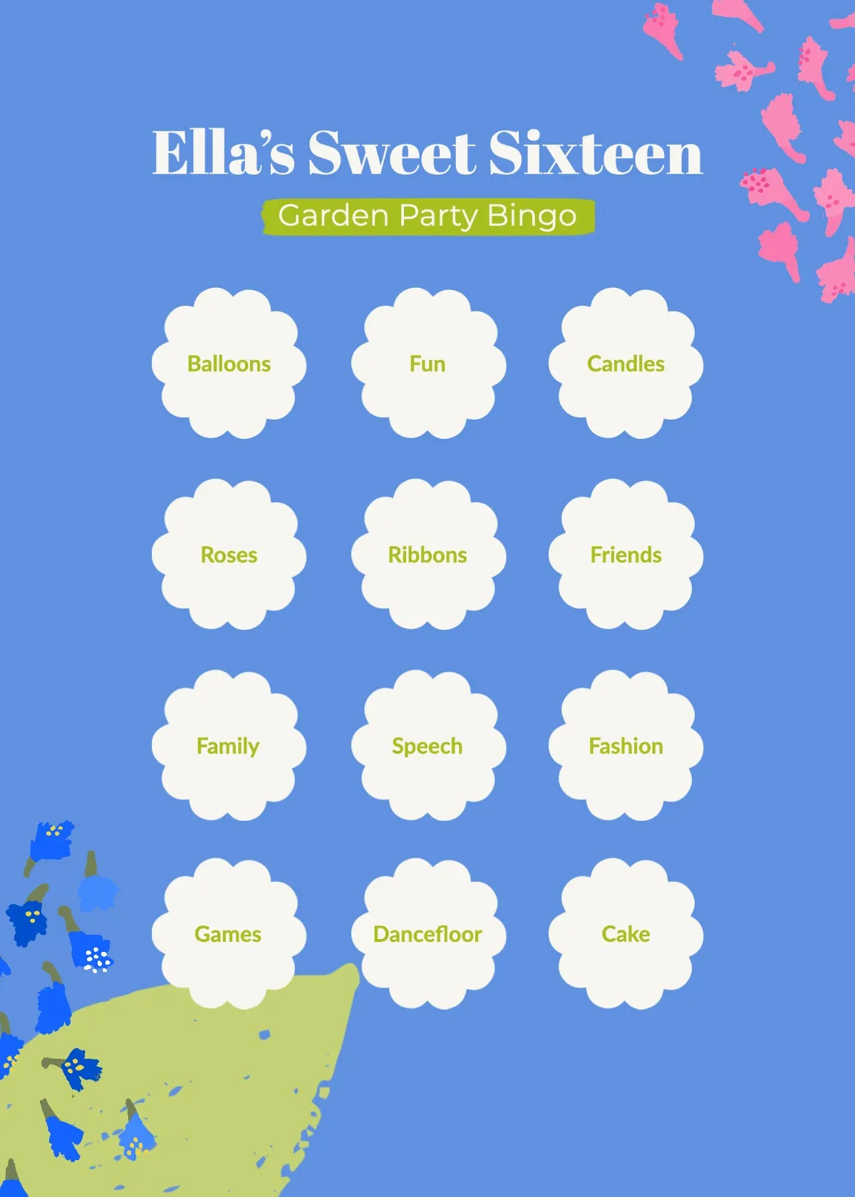 Blue Elegant Floral Birthday Party Bingo Card