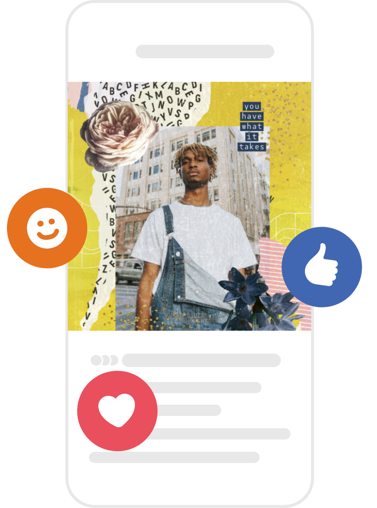 Social media collage within a smartphone frame featuring a person, graphic elements and digital engagement icons.