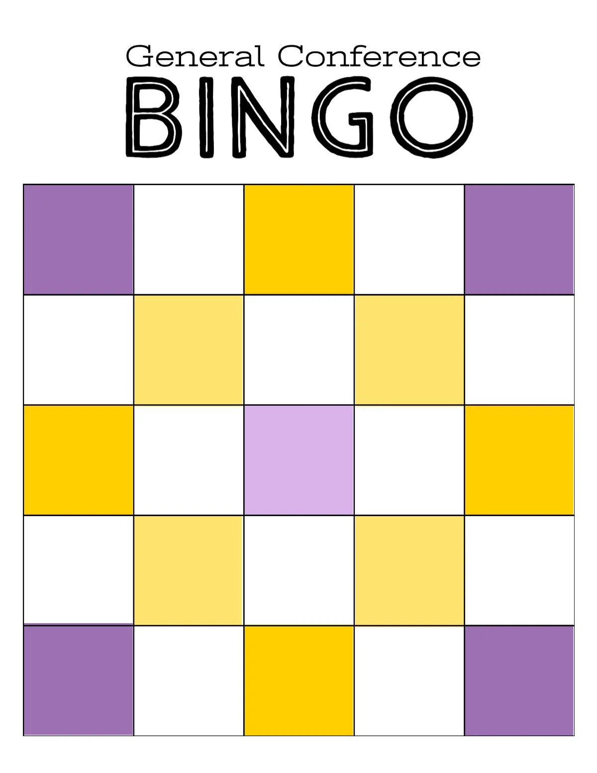 Purple and Yellow General Conference Bingo Worsksheet