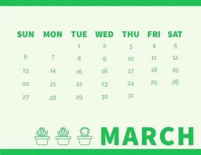 Green March Calendar with Houseplants