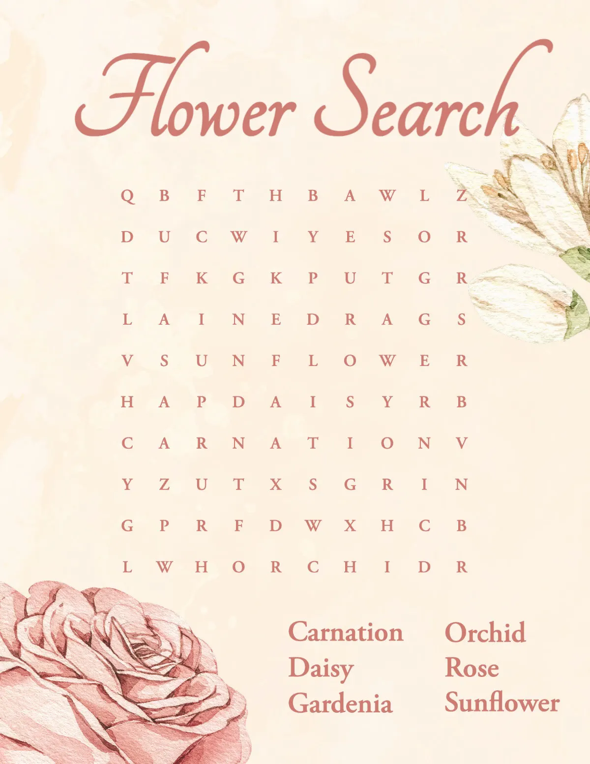 Beige and Pink Elegant Floral Word Search Game