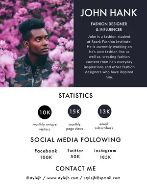 Pink and Gray Fashion Designer and Influencer Media Kit with Man among Flowers Media Kit