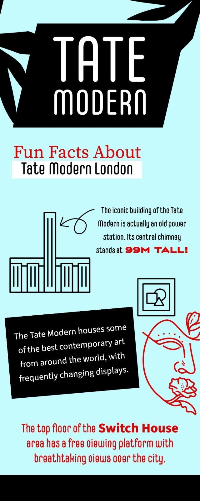 Turquoise Blue Black & Red Fun Facts About London Tate Modern Gallery Infographic