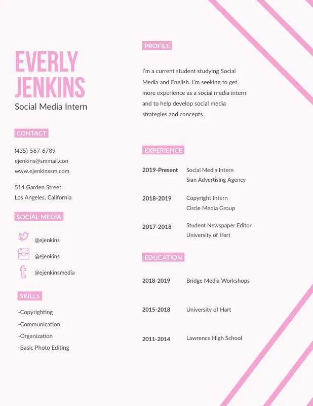 Pink Social Media Specialist Student Resume