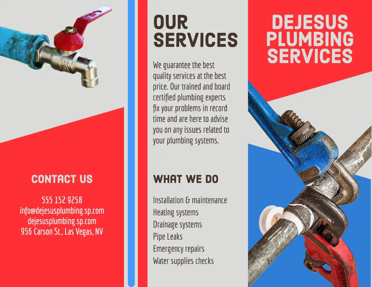 Red and Blue Shapes Plumbing Services Brochure