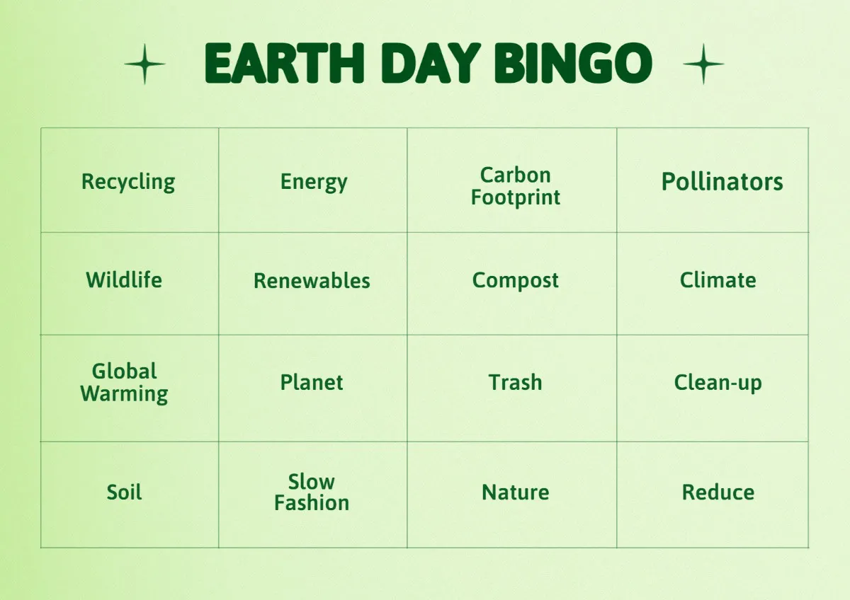 Green Earth Day Bingo Grid Worksheet