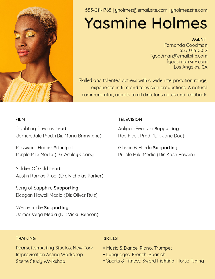 Yellow and white resume with a headshot being edited in Adobe Express.