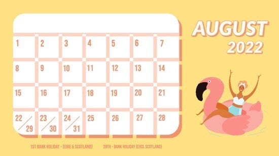 UK Yellow & Pink August 2022 Calendar