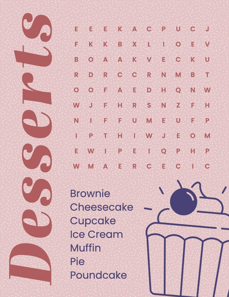 Pink and Blue Fancy Dessert Word Search Game