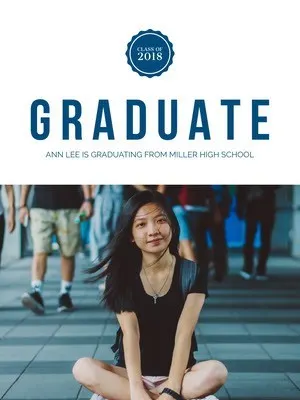 White and Blue Graduation Announcement Graphic with Photograph of Female Student Announcement