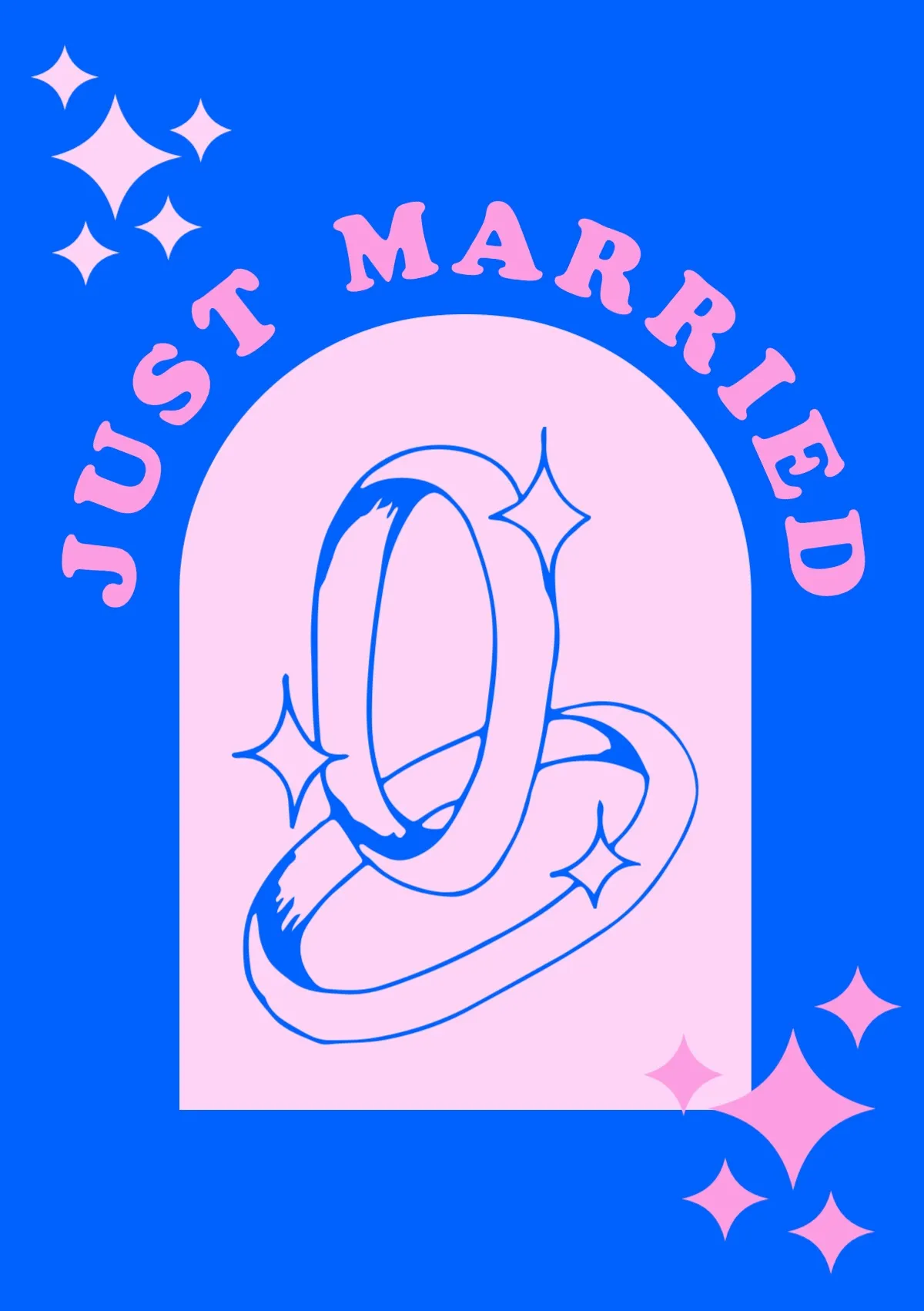Blue & Pink Just Married Rings Wedding A5 Greeting Card