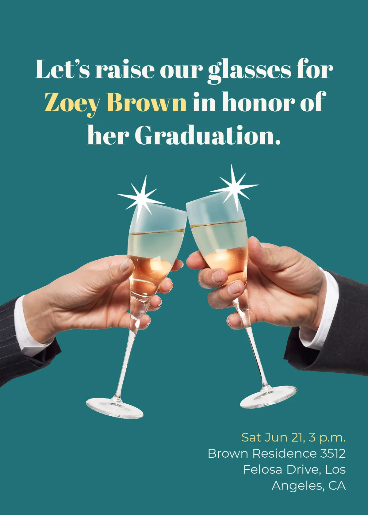 Green Background With Toast Lets Raise Our Glasses For Zoey Brown Graduation Invitation