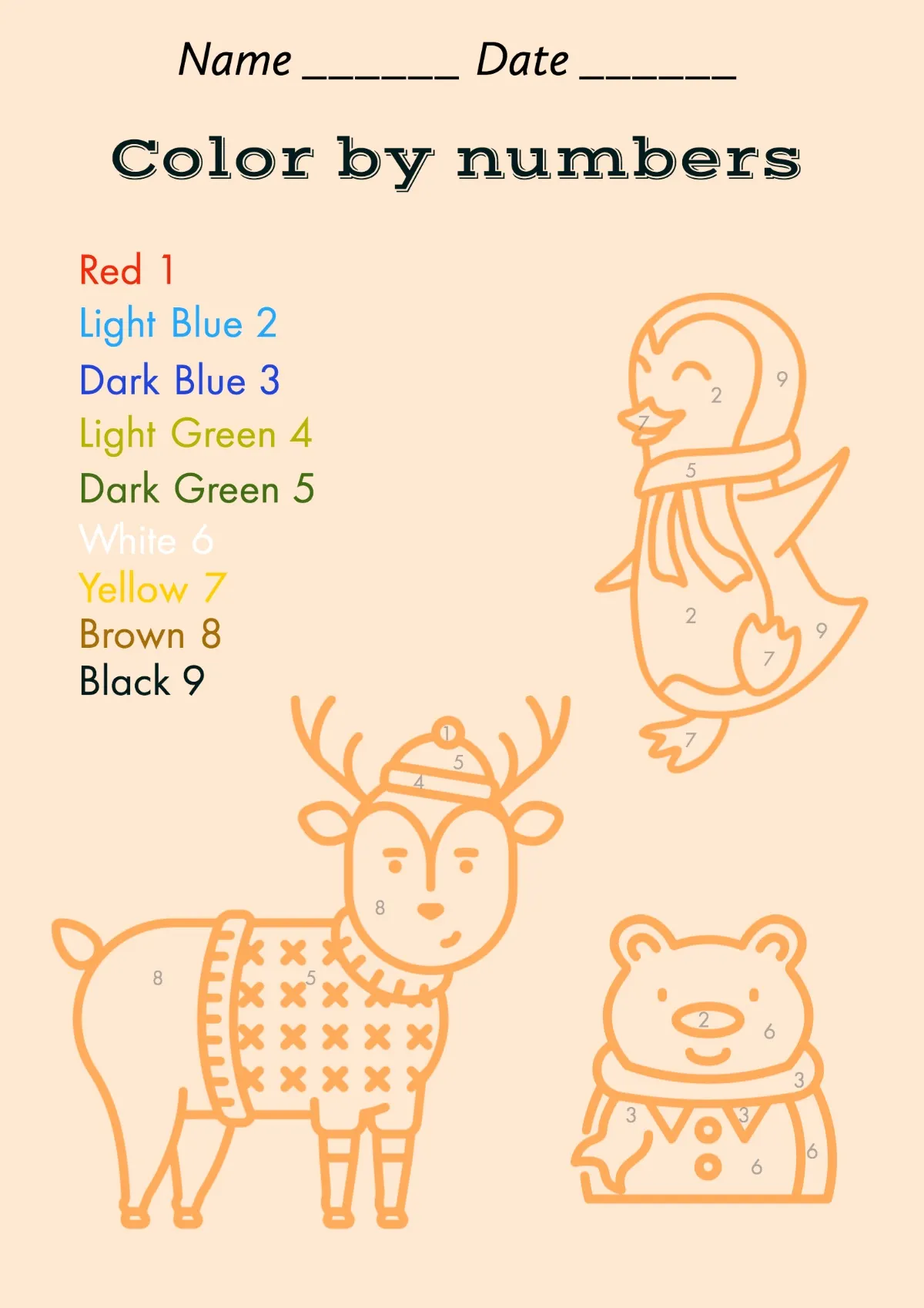 Orange Colour By Numbers Worksheet A4
