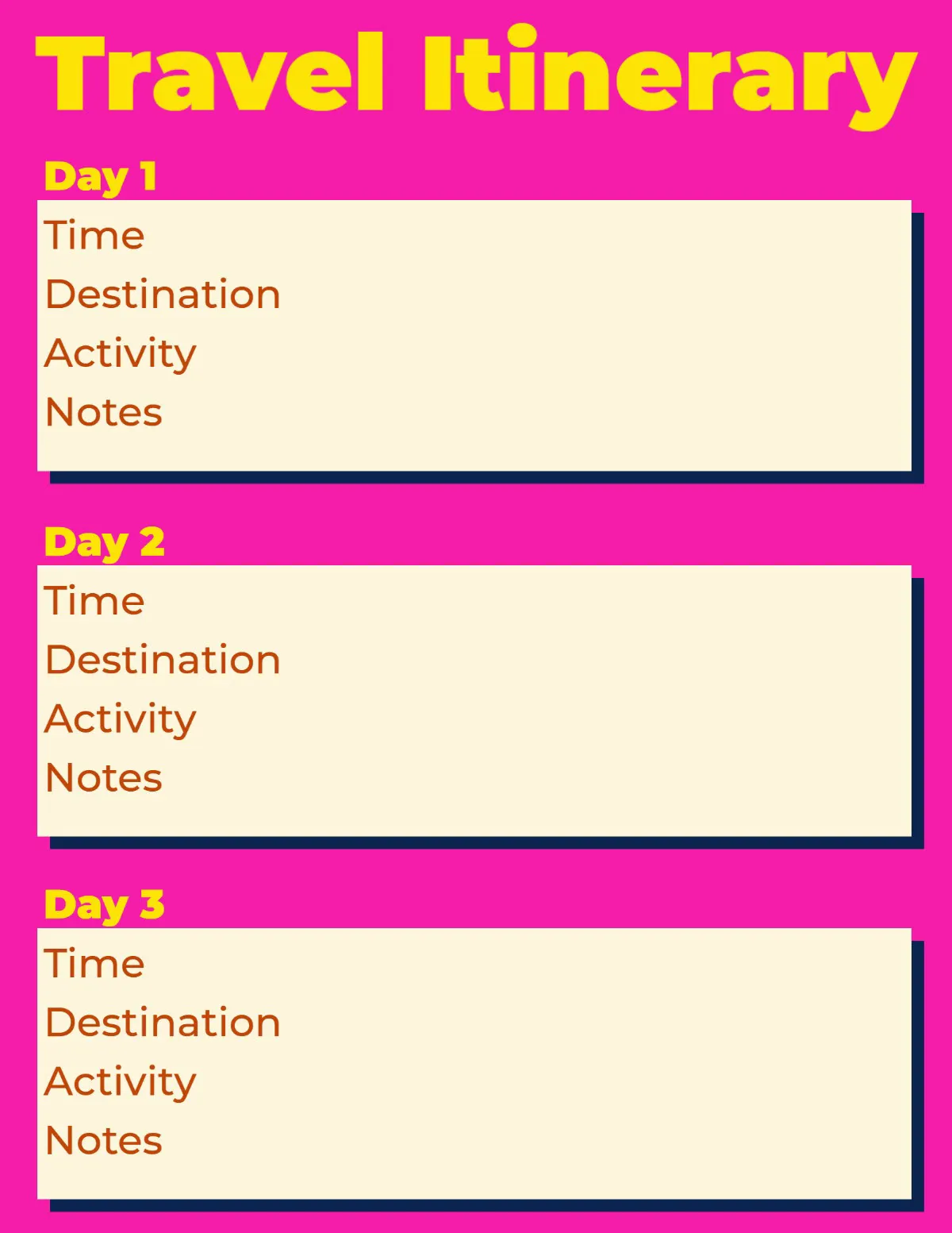 Pink Yellow 3 Day Travel Itinerary Planner