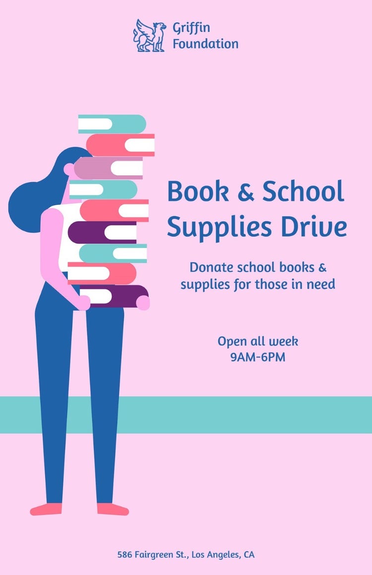 Pink & Teal Books & School Supplies Drive Poster