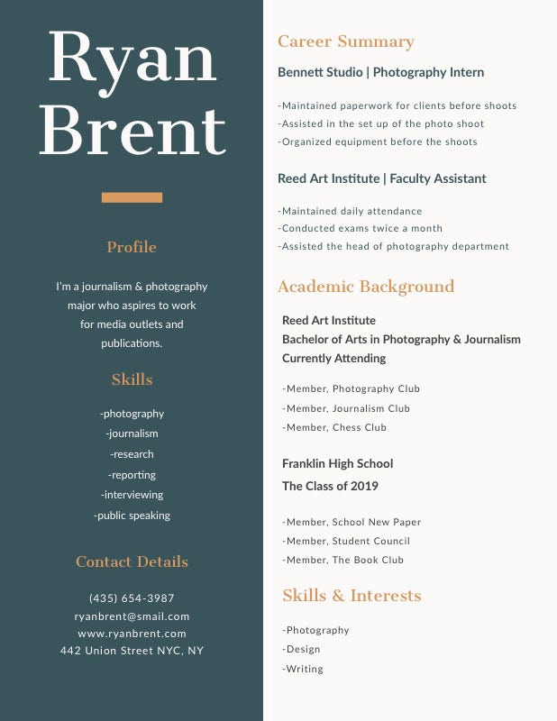 Green and Brown Journalist and Photographer Resume