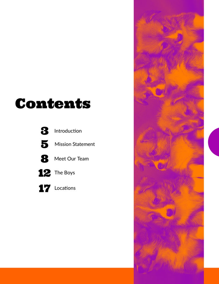 Orange and Purple Catalog Table of Contents