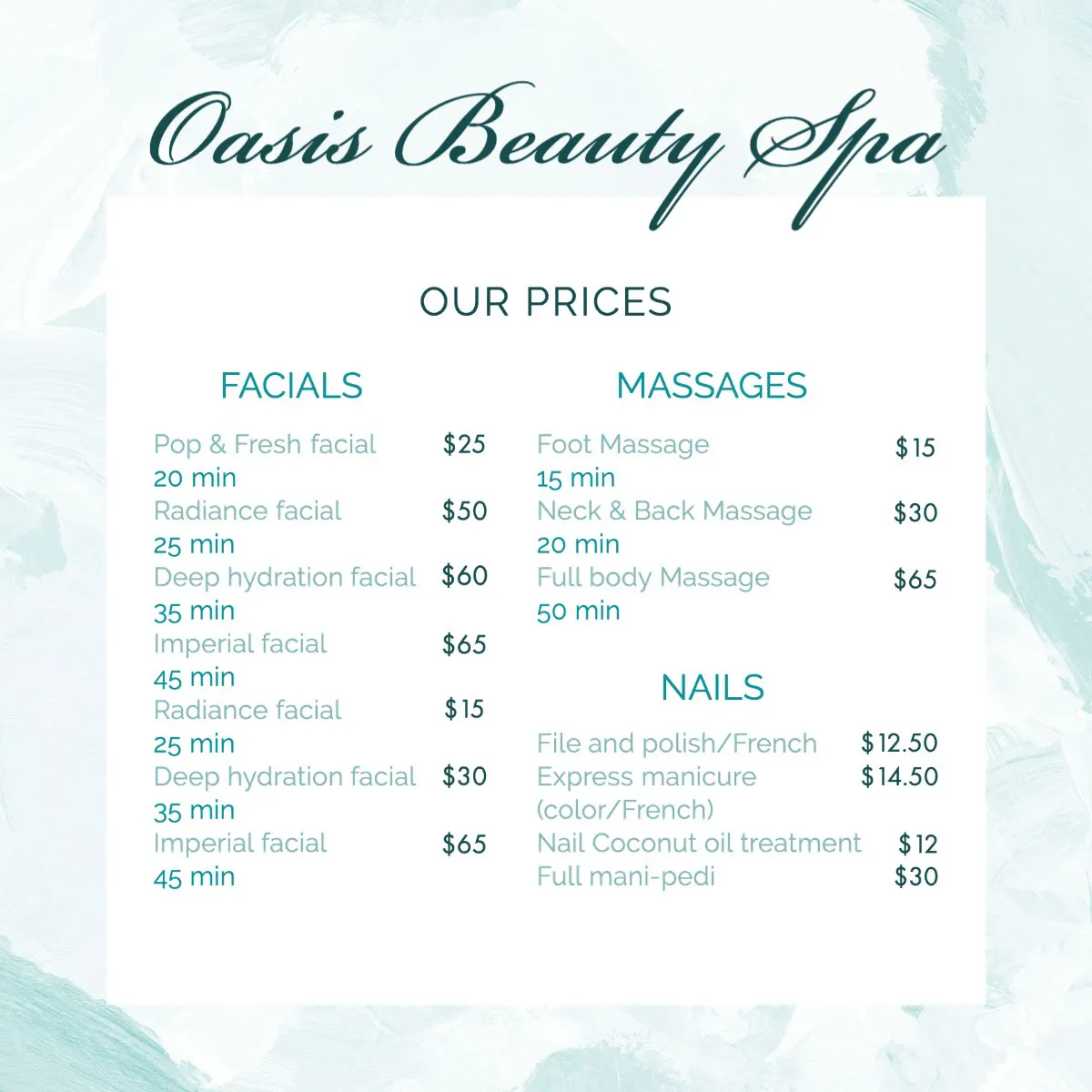 Blue Watercolor Oasis Beauty Spa Price List Square