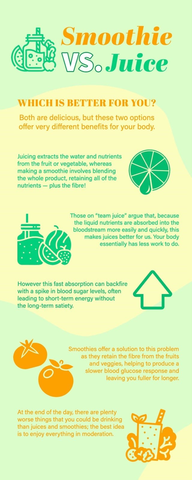Green Yellow & Orange Smoothie vs. Juice Benefits Infographic