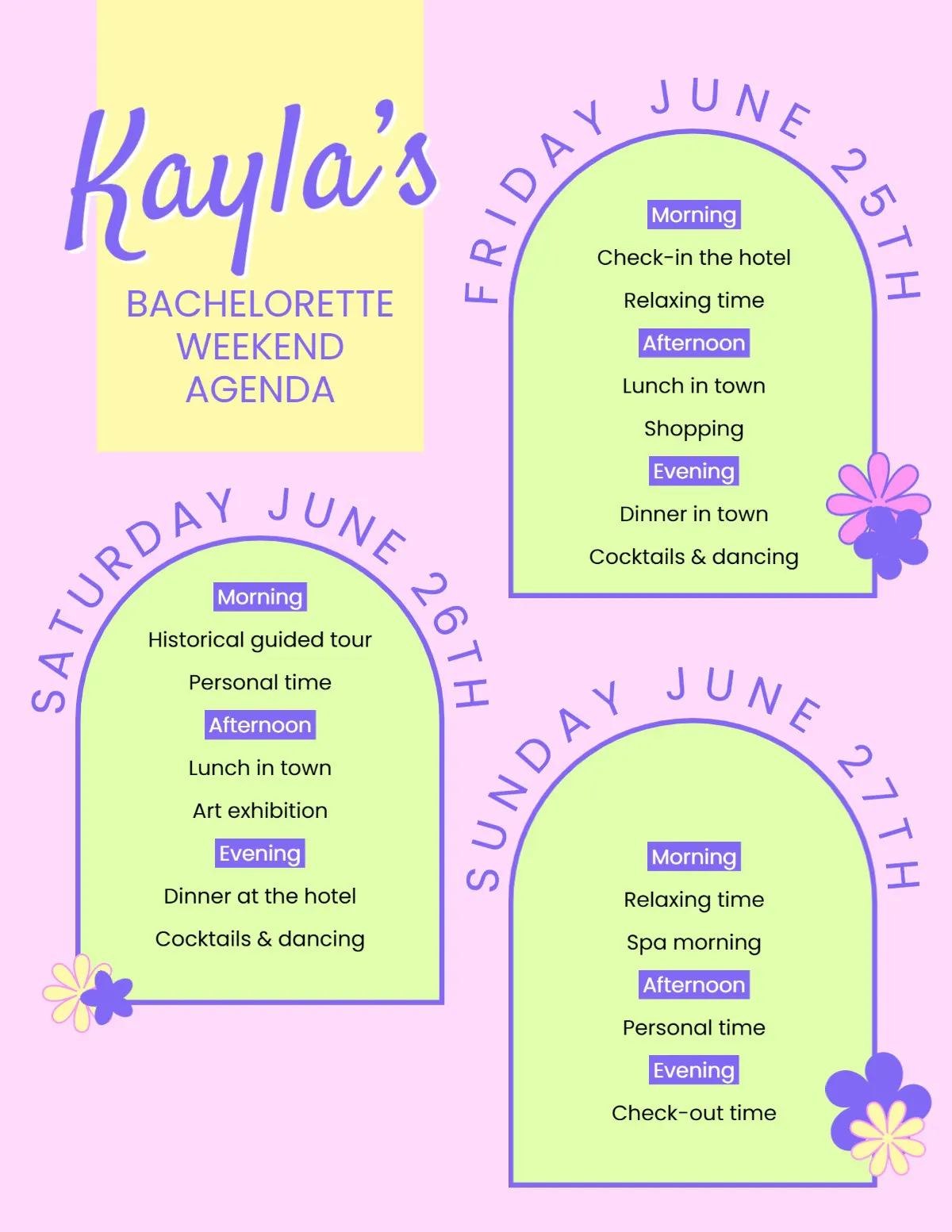 Purple Green Arch Bachelorette Weekend Agenda