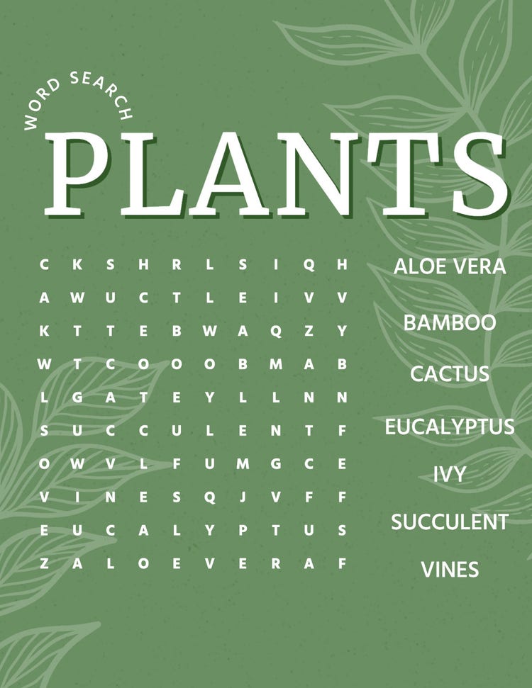 Green and White Illustrative Botanic Word Search Game