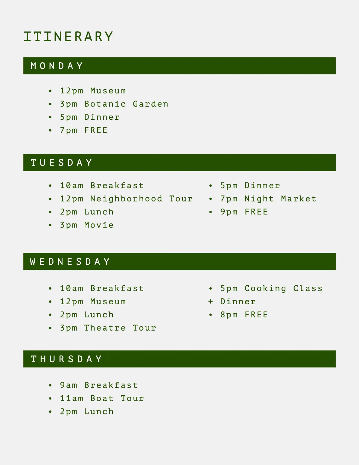 Grey and Green Simple Travel Itinerary