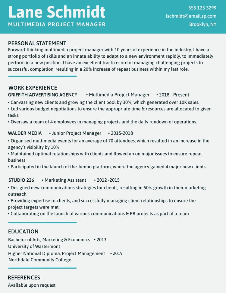 Blue, Black & Gray Multimedia Project Manager Minimalist Color Resume