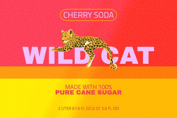 Pink Yellow Cherry Cheetah Cat Soda Label