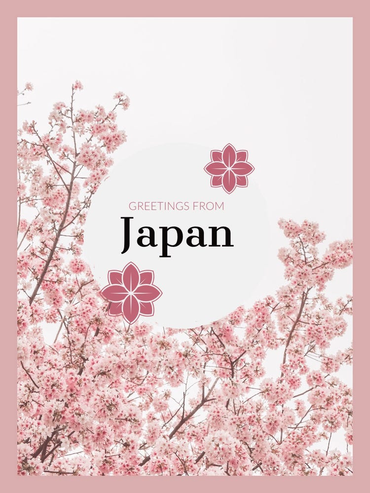 Pink and White Greetings from Japan Postcard with Cherry Blossom