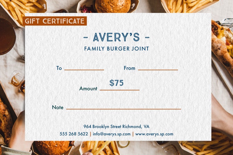 Grey Brown Avery’s Family Burger Joint Gift Certificate