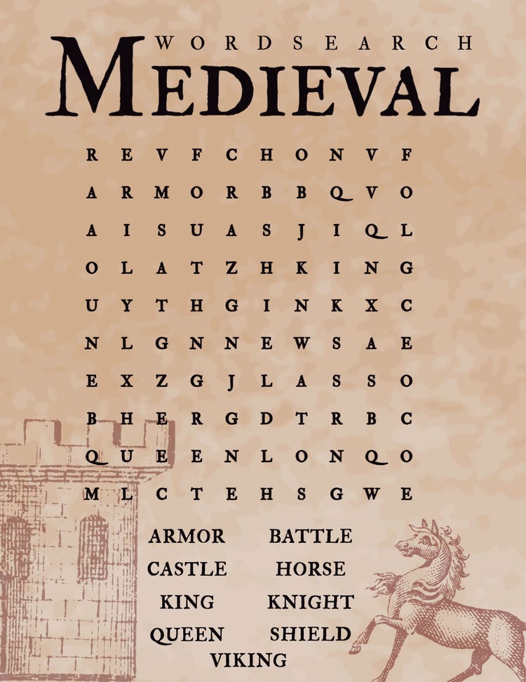 Brown and Black Illustrative Medieval Word Search Game