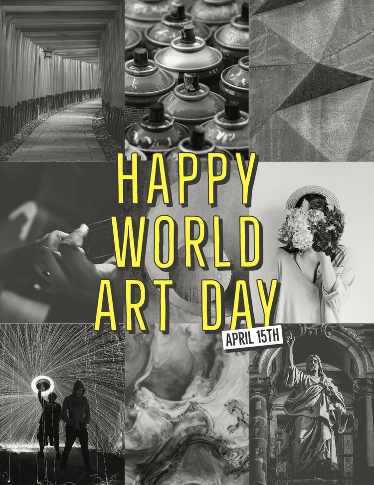 Gray And Yellow Photo Collage Happy World Art Day Flyer