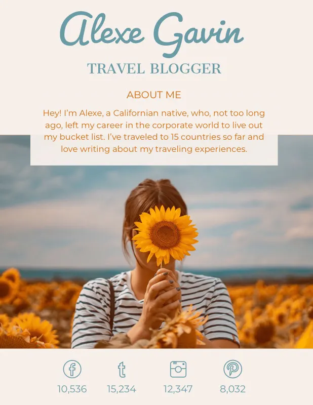 Blue and Orange Travel Blogger Media Kit with Woman in Sunflower Field