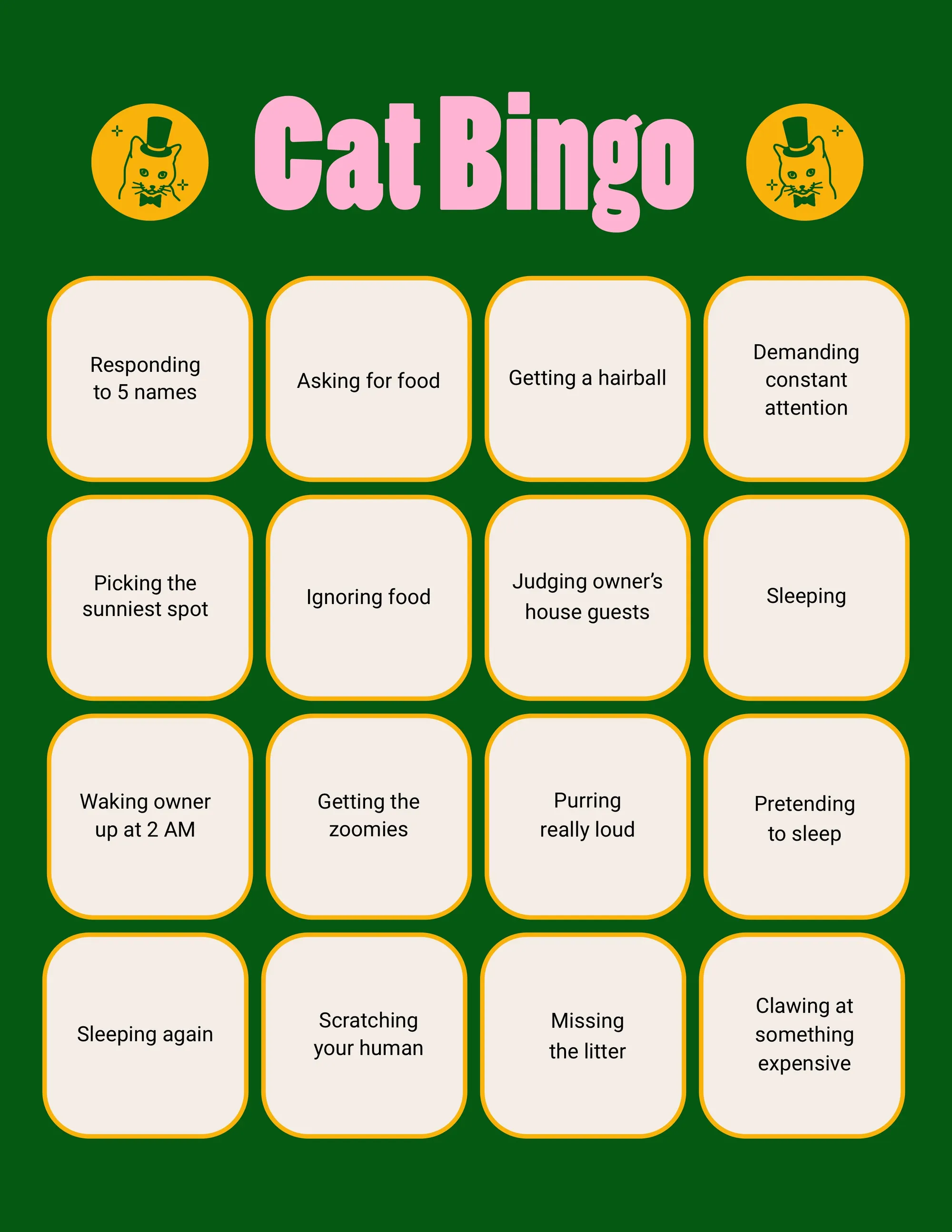 Green Pink Cat Bingo Card