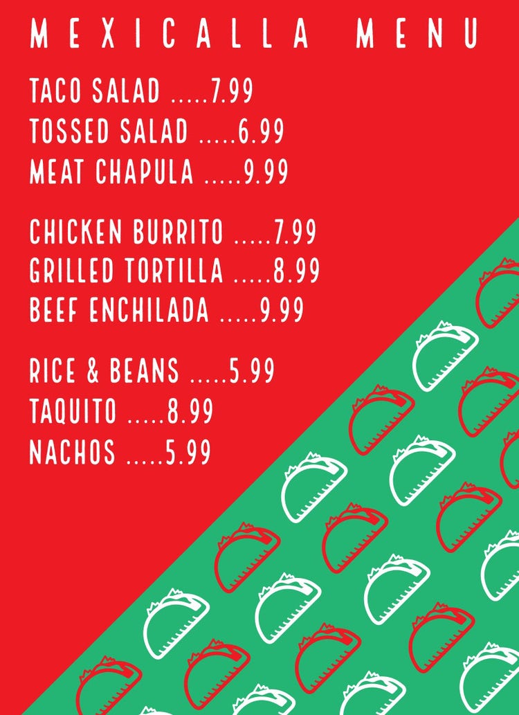 Red and Green Mexicalla Menu