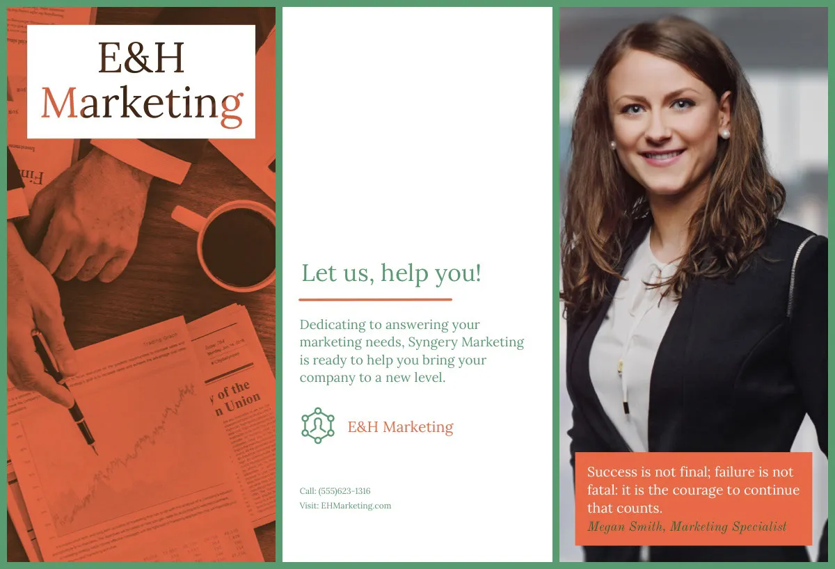 Orange and Green Marketing Agency Brochure with Businesswoman