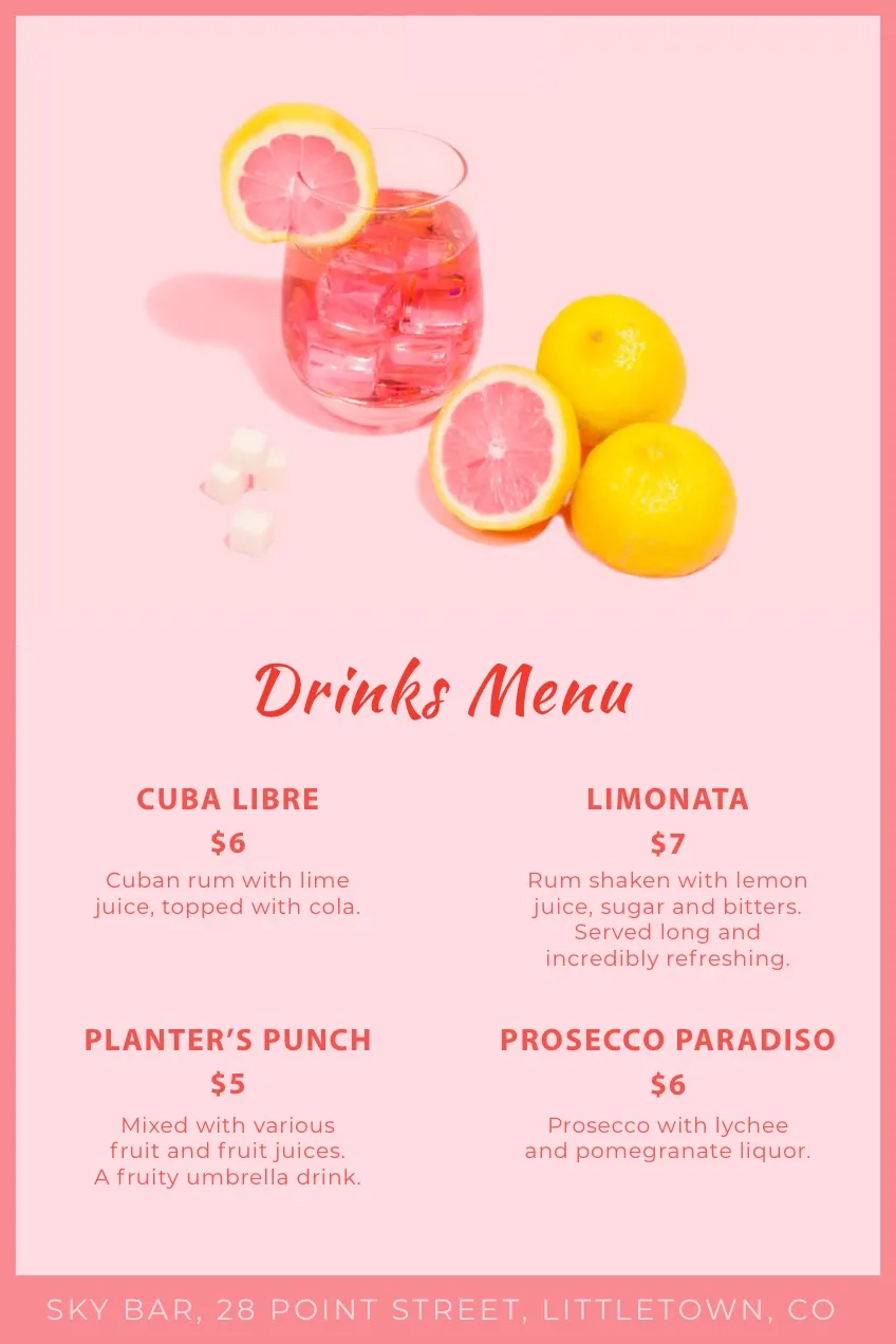 Pink Grapefruit Cocktail Drinks Menu
