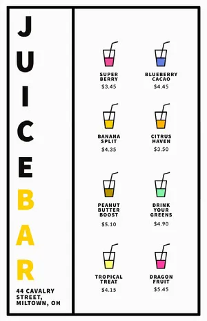 Multicolored Illustrated Juice Bar Menu Drink Menu