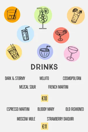 Multicolored Illustrated Cocktail Drinks Menu Drink Menu