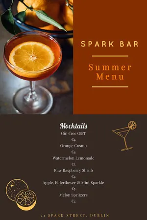 Brown Spark Bar Summer Menu  Drink Menu