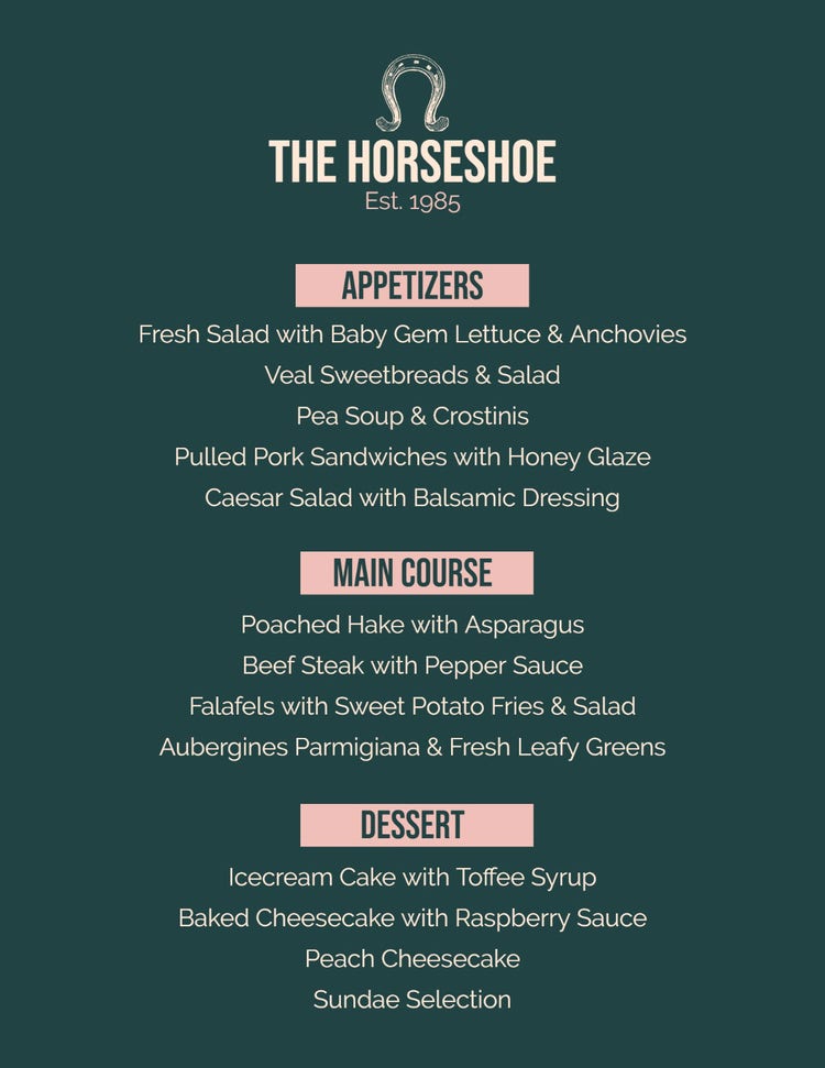 Pink & Navy The Horseshoe Restaurant Menu