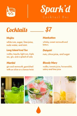 Orange Cocktail Bar Menu with Collage Drink Menu