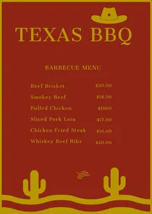 Red and Gold Texas Barbecue Restaurant Menu with Cacti BBQ Menu
